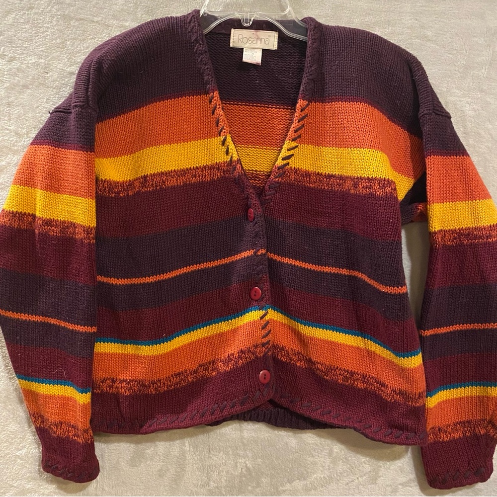 Vintage Rosanna Sweater Women’s Medium Multi Colored Striped Cardigan Knit Vneck